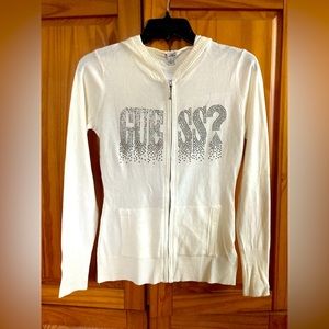 NEW!GUESS WHITE ZIPPER DOWN SWEATER/CARDIGAN-Small